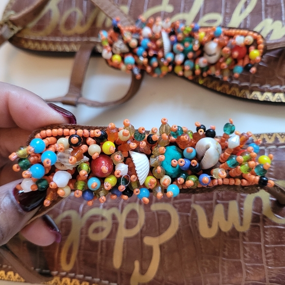 Sam edelman cognac leather sandals, T-strap with beaded design, NWOT, size 8.5 - Picture 5 of 7